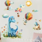 Cartoon Dinosaurier Heißluftballon Wandaufkleber, Klassischer Stil, Polyvinylchlorid Material, Einmalig Verwendbar, Abnehmbar, Selbstklebend, Dekoration Für Das Schlafzimmer