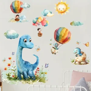 Cartoon Dinosaurier Heißluftballon Wandaufkleber, Klassischer Stil, Polyvinylchlorid Material, Einmalig Verwendbar, Abnehmbar, Selbstklebend, Dekoration Für Das Schlafzimmer