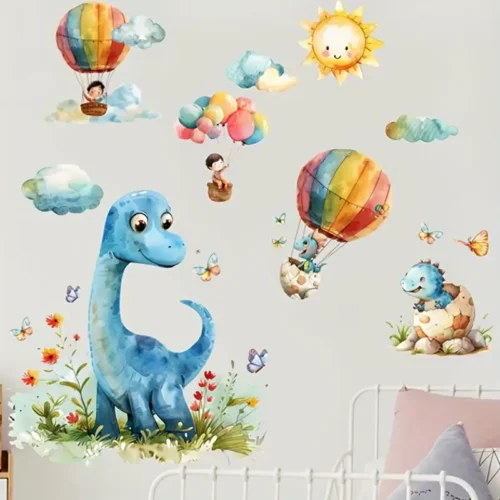 Cartoon Dinosaurier Heißluftballon Wandaufkleber, Klassischer Stil, Polyvinylchlorid Material, Einmalig Verwendbar, Abnehmbar, Selbstklebend, Dekoration Für Das Schlafzimmer