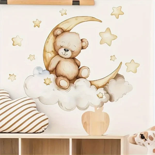 1 Stück 'Good Night' Teddy Bär & Halbmond Wandaufkleber - Verspieltes Wolken & Stern Design, Modisches Tierdruck Wandbild für Schlafzimmer Dekoration, Bär Dekoration für Zuhause - Image 6