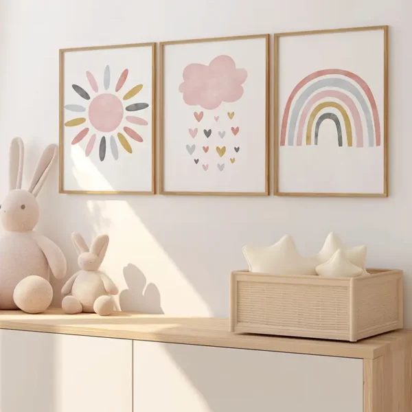 Set mit 3 Niedlichen Sonne Wolke Regenbogen Pink Wandkunst Leinwanddrucks, Boho Wolken Herz Regen Poster Drucke, Ideales Geschenk für Wohnzimmer, Schlafzimmer, Klassenzimmer - Image 6