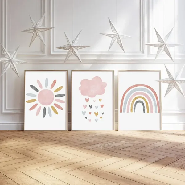 Set mit 3 Niedlichen Sonne Wolke Regenbogen Pink Wandkunst Leinwanddrucks, Boho Wolken Herz Regen Poster Drucke, Ideales Geschenk für Wohnzimmer, Schlafzimmer, Klassenzimmer - Image 5