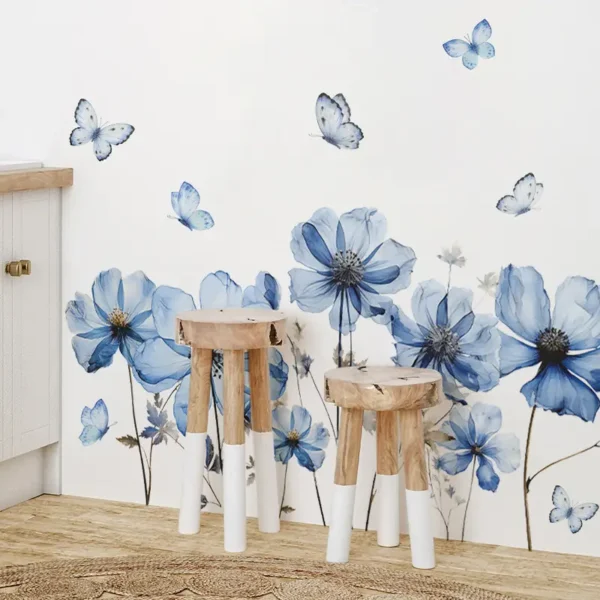 Wandtattoo mit Blauem Blumen- und Schmetterlingsdesign – Selbstklebendes Wandtattoo für Schlafzimmer, Wohnzimmer und Badezimmer, Wasserdicht und Abnehmbar - Image 5