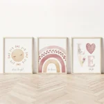 3-teiliges Set Boho Wandkunst für Kinderzimmer, bestehend aus Sonnen-, Regenbogen- und LOVE Kunstdrucken, moderne Leinwanddekoration für Mädchenzimmer, Kindergartenwandbilder
