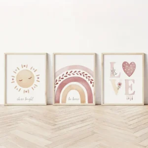 3-teiliges Set Boho Wandkunst für Kinderzimmer, bestehend aus Sonnen-, Regenbogen- und LOVE Kunstdrucken, moderne Leinwanddekoration für Mädchenzimmer, Kindergartenwandbilder