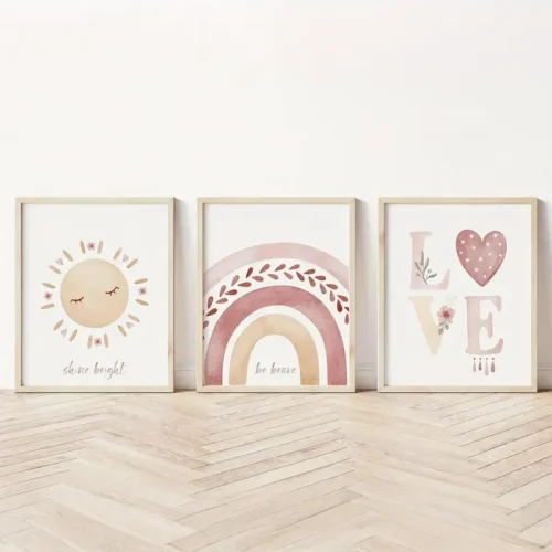 3-teiliges Set Boho Wandkunst für Kinderzimmer, bestehend aus Sonnen-, Regenbogen- und LOVE Kunstdrucken, moderne Leinwanddekoration für Mädchenzimmer, Kindergartenwandbilder
