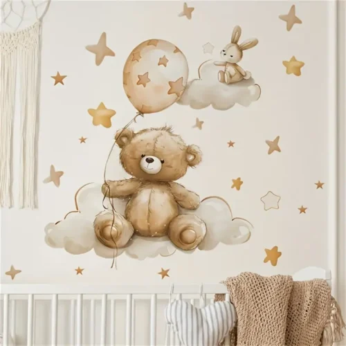 Adorable Teddy Bär, Ballon & Hase Wandaufkleber – Selbstklebender Sticker mit Wolken und Sternen für Kinderzimmer, Wohnzimmer oder Arbeitszimmer Dekoration