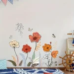 Boho Wandsticker mit Blumen & Schmetterlingen – Selbstklebend & ablösbar | Matte in Orange, Rot, Weiß & Grün auf Schwarz | Unregelmäßige Blüten- & Blättermuster für Wohnzimmer, Schlafzimmer & Boho-Dekor – Florale Wanddekoration