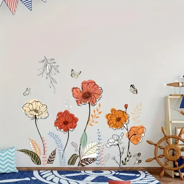 Boho Wandsticker mit Blumen & Schmetterlingen – Selbstklebend & ablösbar | Matte in Orange, Rot, Weiß & Grün auf Schwarz | Unregelmäßige Blüten- & Blättermuster für Wohnzimmer, Schlafzimmer & Boho-Dekor – Florale Wanddekoration - Image 4