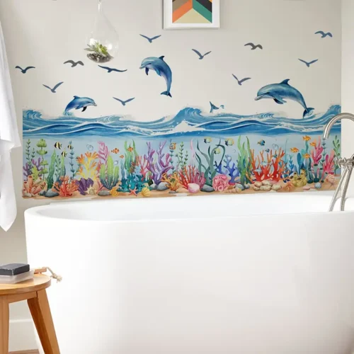 Set mit Zwei neuen Kreativen Ozean Delfin & Wassergras Badewannen-Aufklebern für Badezimmerdekoration