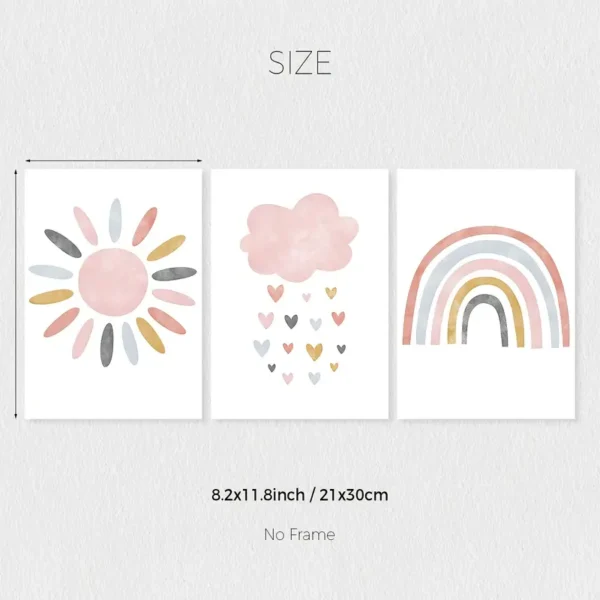 Set mit 3 Niedlichen Sonne Wolke Regenbogen Pink Wandkunst Leinwanddrucks, Boho Wolken Herz Regen Poster Drucke, Ideales Geschenk für Wohnzimmer, Schlafzimmer, Klassenzimmer - Image 2
