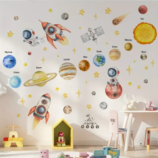 1 Stück Weltraum-Erkundungsaufkleber – Vinyl, Klassisches Cartoon-Design mit Raketen, Planeten & Astronauten, Ideal für Schlafzimmer, Wohnzimmer oder Studierzimmer Dekoration, Multi-Oberflächenanwendung, Weltraumzimmer Dekor - Image 6