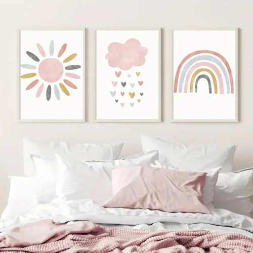 Set mit 3 Niedlichen Sonne Wolke Regenbogen Pink Wandkunst Leinwanddrucks, Boho Wolken Herz Regen Poster Drucke, Ideales Geschenk für Wohnzimmer, Schlafzimmer, Klassenzimmer