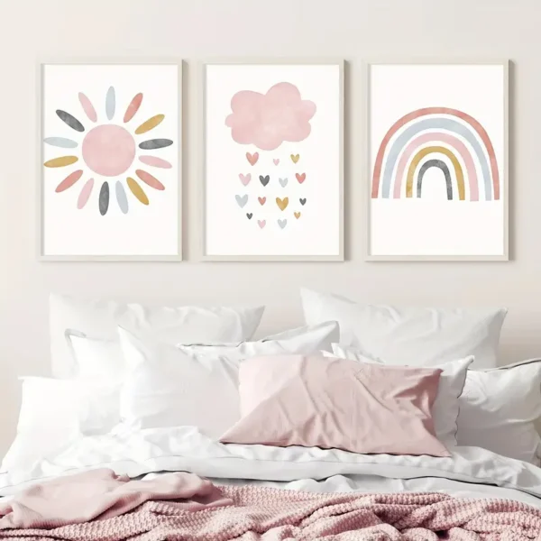Set mit 3 Niedlichen Sonne Wolke Regenbogen Pink Wandkunst Leinwanddrucks, Boho Wolken Herz Regen Poster Drucke, Ideales Geschenk für Wohnzimmer, Schlafzimmer, Klassenzimmer