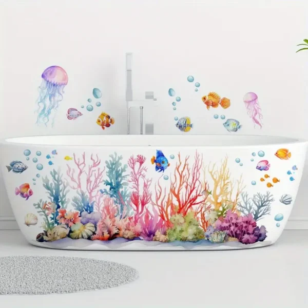 Selbstklebende Badewannen-Applikationen – Unterwasserwelt Design mit Korallen, Quallen und Muscheln, Lebendige Plastik Wand- und Badewannenaufkleber für moderne Badezimmerdekoration - Image 4