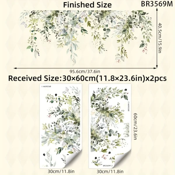 2 Stück Wandsticker mit eleganten grünen Blättern & floralen Motiven (59,94 x 29,97 cm) – Selbstklebend, wasserfest & leicht anzubringen | Natur-inspirierte Pflanzendeko für Schlafzimmer, Wohnzimmer & Hintergrundgestaltung – Wanddekoration für Zuhause - Image 2