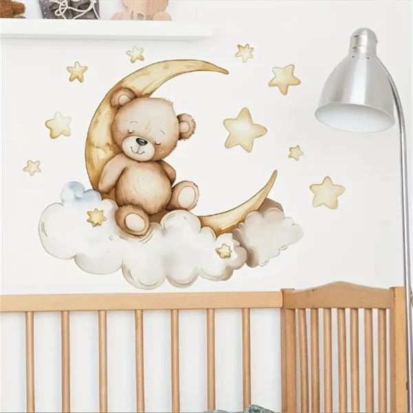 1 Stück 'Good Night' Teddy Bär & Halbmond Wandaufkleber - Verspieltes Wolken & Stern Design, Modisches Tierdruck Wandbild für Schlafzimmer Dekoration, Bär Dekoration für Zuhause - Image 4