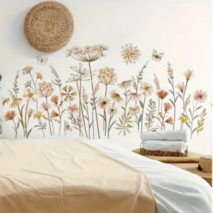 1 Stück Vintage Wandsticker mit botanischem Motiv – Löwenzahnblüten, Zweige & Blätter | Selbstklebende, matte Deko | Unregelmäßiges Blumen-Design für Wohnzimmer, Schlafzimmer & Natur-inspirierte Wandgestaltung – Einfach anzubringen, ablösbar
