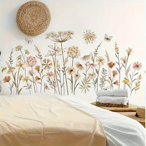 1 Stück Vintage Wandsticker mit botanischem Motiv – Löwenzahnblüten, Zweige & Blätter | Selbstklebende, matte Deko | Unregelmäßiges Blumen-Design für Wohnzimmer, Schlafzimmer & Natur-inspirierte Wandgestaltung – Einfach anzubringen, ablösbar