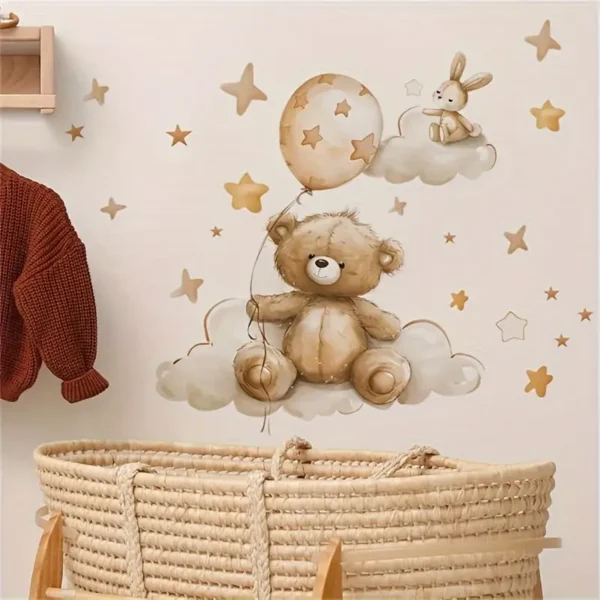 Adorable Teddy Bär, Ballon & Hase Wandaufkleber - Selbstklebender Sticker mit Wolken und Sternen für Kinderzimmer, Wohnzimmer oder Arbeitszimmer Dekoration - Image 5