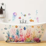 Selbstklebende Badewannen-Applikationen – Unterwasserwelt Design mit Korallen, Quallen und Muscheln, Lebendige Plastik Wand- und Badewannenaufkleber für moderne Badezimmerdekoration