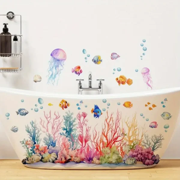 Selbstklebende Badewannen-Applikationen – Unterwasserwelt Design mit Korallen, Quallen und Muscheln, Lebendige Plastik Wand- und Badewannenaufkleber für moderne Badezimmerdekoration - Image 5