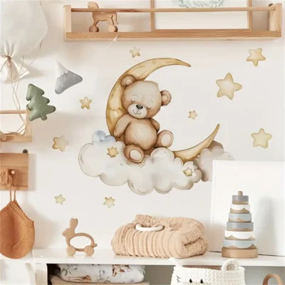 1 Stück 'Good Night' Teddy Bär & Halbmond Wandaufkleber - Verspieltes Wolken & Stern Design, Modisches Tierdruck Wandbild für Schlafzimmer Dekoration, Bär Dekoration für Zuhause