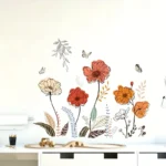 Boho Wandsticker mit Blumen & Schmetterlingen – Selbstklebend & ablösbar | Matte in Orange, Rot, Weiß & Grün auf Schwarz | Unregelmäßige Blüten- & Blättermuster für Wohnzimmer, Schlafzimmer & Boho-Dekor – Florale Wanddekoration