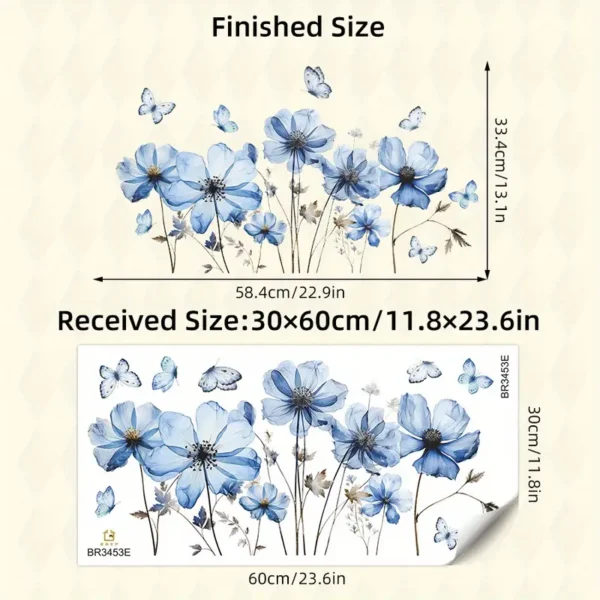 Wandtattoo mit Blauem Blumen- und Schmetterlingsdesign – Selbstklebendes Wandtattoo für Schlafzimmer, Wohnzimmer und Badezimmer, Wasserdicht und Abnehmbar - Image 2