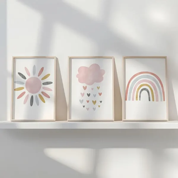 Set mit 3 Niedlichen Sonne Wolke Regenbogen Pink Wandkunst Leinwanddrucks, Boho Wolken Herz Regen Poster Drucke, Ideales Geschenk für Wohnzimmer, Schlafzimmer, Klassenzimmer - Image 3