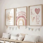 3-teiliges Set Boho Wandkunst für Kinderzimmer, bestehend aus Sonnen-, Regenbogen- und LOVE Kunstdrucken, moderne Leinwanddekoration für Mädchenzimmer, Kindergartenwandbilder