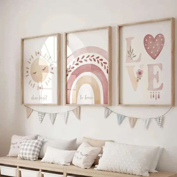 3-teiliges Set Boho Wandkunst für Kinderzimmer, bestehend aus Sonnen-, Regenbogen- und LOVE Kunstdrucken, moderne Leinwanddekoration für Mädchenzimmer, Kindergartenwandbilder - Image 3