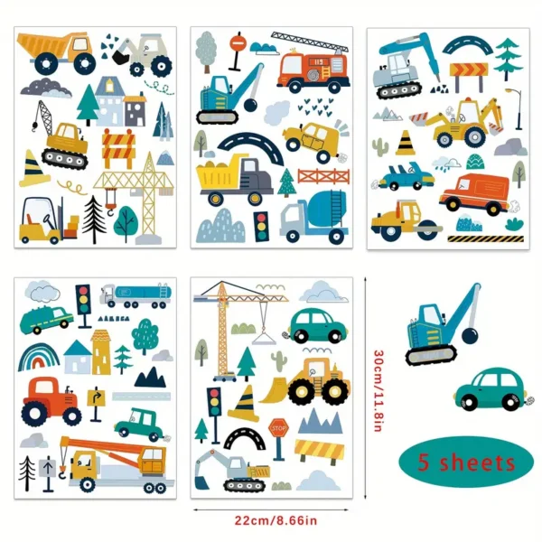 5 Blatt Baustellen-Warnfahrzeug Wandaufkleber – Große Lastwagen, Traktoren, Bagger, Dekoration für Schlafzimmer, Klassenzimmer, Kinderzimmer, Geburtstagsgeschenk, Spielzimmer - Image 3
