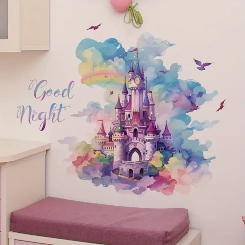 Märchenhaftes Traum Schloss Wandtattoo “Gute Nacht” – Wiederverwendbares selbstklebendes Wandbild, Buntes Aquarell Design mit Regenbogen & Sternen, Einfach anzubringen & zu entfernen, für Kinderzimmer, Schlafzimmerdeko, Mädchenzimmer, Wohnkultur