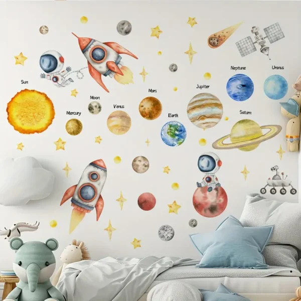 1 Stück Weltraum-Erkundungsaufkleber – Vinyl, Klassisches Cartoon-Design mit Raketen, Planeten & Astronauten, Ideal für Schlafzimmer, Wohnzimmer oder Studierzimmer Dekoration, Multi-Oberflächenanwendung, Weltraumzimmer Dekor - Image 4