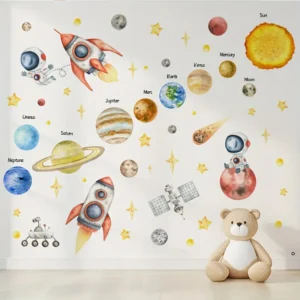 1 Stück Weltraum-Erkundungsaufkleber – Vinyl, Klassisches Cartoon-Design mit Raketen, Planeten & Astronauten, Ideal für Schlafzimmer, Wohnzimmer oder Studierzimmer Dekoration, Multi-Oberflächenanwendung, Weltraumzimmer Dekor
