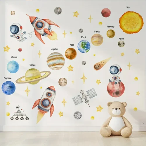 1 Stück Weltraum-Erkundungsaufkleber – Vinyl, Klassisches Cartoon-Design mit Raketen, Planeten & Astronauten, Ideal für Schlafzimmer, Wohnzimmer oder Studierzimmer Dekoration, Multi-Oberflächenanwendung, Weltraumzimmer Dekor