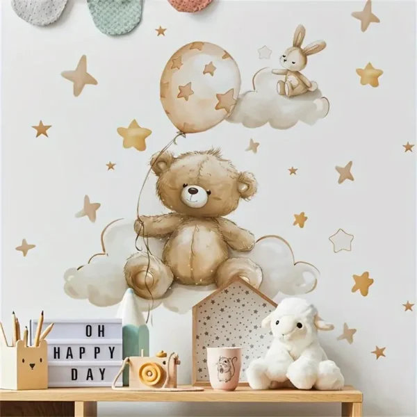 Adorable Teddy Bär, Ballon & Hase Wandaufkleber - Selbstklebender Sticker mit Wolken und Sternen für Kinderzimmer, Wohnzimmer oder Arbeitszimmer Dekoration - Image 6