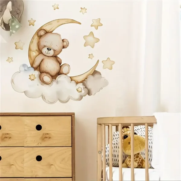 1 Stück 'Good Night' Teddy Bär & Halbmond Wandaufkleber - Verspieltes Wolken & Stern Design, Modisches Tierdruck Wandbild für Schlafzimmer Dekoration, Bär Dekoration für Zuhause - Image 5