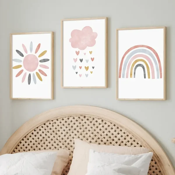 Set mit 3 Niedlichen Sonne Wolke Regenbogen Pink Wandkunst Leinwanddrucks, Boho Wolken Herz Regen Poster Drucke, Ideales Geschenk für Wohnzimmer, Schlafzimmer, Klassenzimmer - Image 7