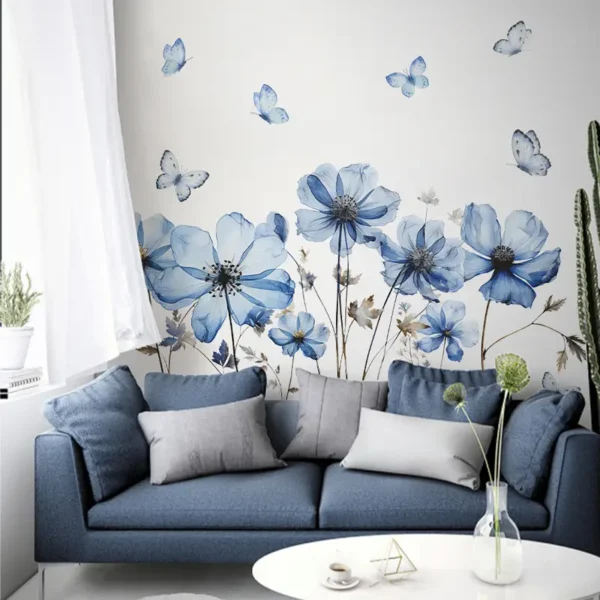 Wandtattoo mit Blauem Blumen- und Schmetterlingsdesign – Selbstklebendes Wandtattoo für Schlafzimmer, Wohnzimmer und Badezimmer, Wasserdicht und Abnehmbar - Image 4