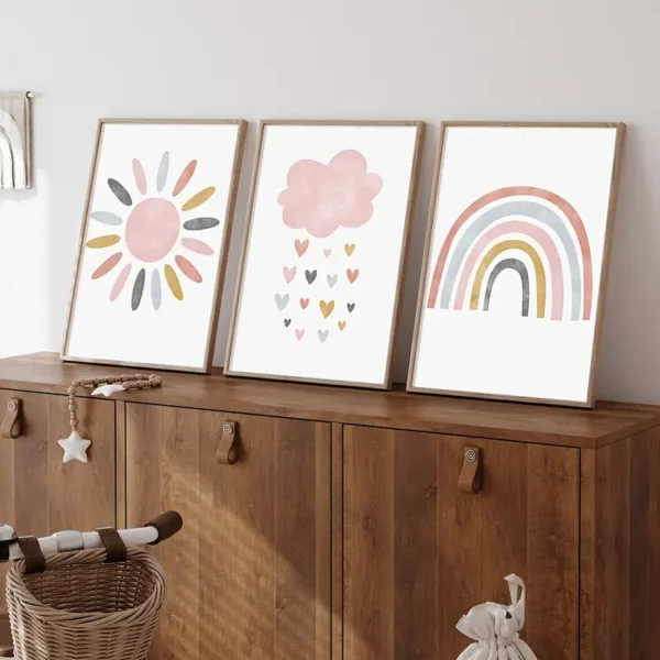 Set mit 3 Niedlichen Sonne Wolke Regenbogen Pink Wandkunst Leinwanddrucks, Boho Wolken Herz Regen Poster Drucke, Ideales Geschenk für Wohnzimmer, Schlafzimmer, Klassenzimmer - Image 8