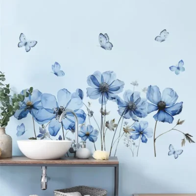 Wandtattoo mit Blauem Blumen- und Schmetterlingsdesign – Selbstklebendes Wandtattoo für Schlafzimmer, Wohnzimmer und Badezimmer, Wasserdicht und Abnehmbar
