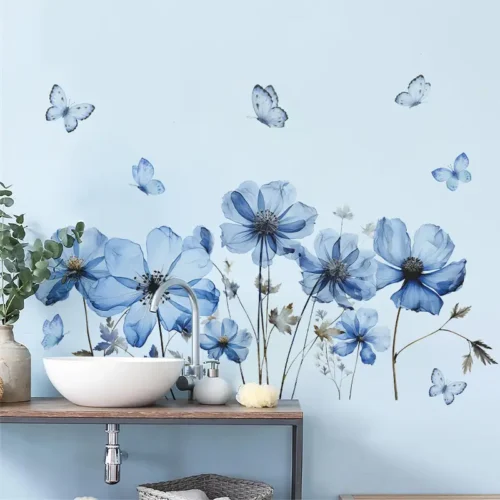 Wandtattoo mit Blauem Blumen- und Schmetterlingsdesign – Selbstklebendes Wandtattoo für Schlafzimmer, Wohnzimmer und Badezimmer, Wasserdicht und Abnehmbar