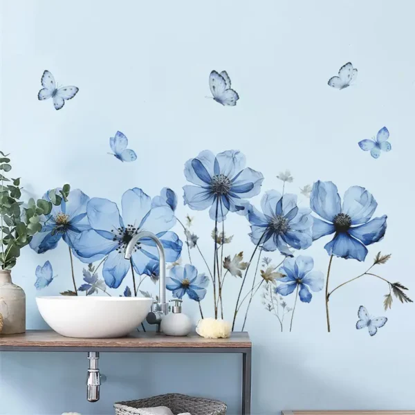 Wandtattoo mit Blauem Blumen- und Schmetterlingsdesign – Selbstklebendes Wandtattoo für Schlafzimmer, Wohnzimmer und Badezimmer, Wasserdicht und Abnehmbar