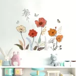 Boho Wandsticker mit Blumen & Schmetterlingen – Selbstklebend & ablösbar | Matte in Orange, Rot, Weiß & Grün auf Schwarz | Unregelmäßige Blüten- & Blättermuster für Wohnzimmer, Schlafzimmer & Boho-Dekor – Florale Wanddekoration