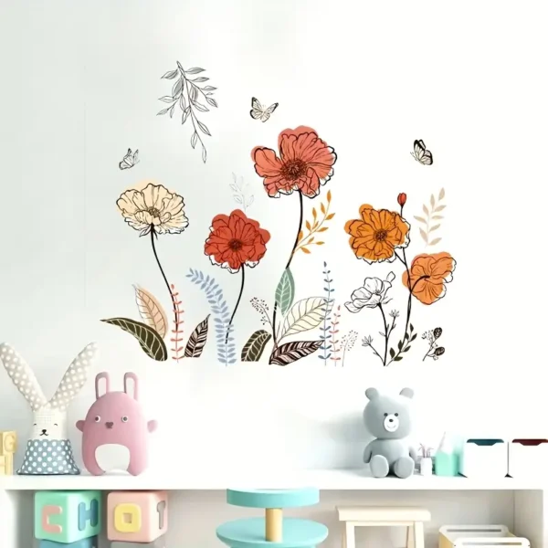Boho Wandsticker mit Blumen & Schmetterlingen – Selbstklebend & ablösbar | Matte in Orange, Rot, Weiß & Grün auf Schwarz | Unregelmäßige Blüten- & Blättermuster für Wohnzimmer, Schlafzimmer & Boho-Dekor – Florale Wanddekoration - Image 2