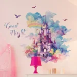 Märchenhaftes Traum Schloss Wandtattoo "Gute Nacht" – Wiederverwendbares selbstklebendes Wandbild, Buntes Aquarell Design mit Regenbogen & Sternen, Einfach anzubringen & zu entfernen, für Kinderzimmer, Schlafzimmerdeko, Mädchenzimmer, Wohnkultur