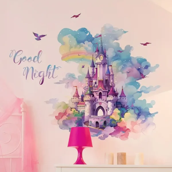 Märchenhaftes Traum Schloss Wandtattoo "Gute Nacht" – Wiederverwendbares selbstklebendes Wandbild, Buntes Aquarell Design mit Regenbogen & Sternen, Einfach anzubringen & zu entfernen, für Kinderzimmer, Schlafzimmerdeko, Mädchenzimmer, Wohnkultur - Image 5