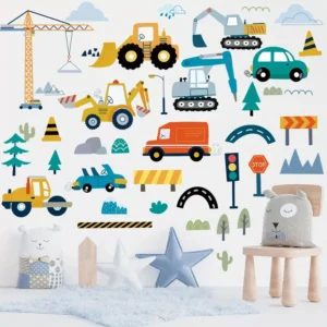 5 Blatt Baustellen-Warnfahrzeug Wandaufkleber – Große Lastwagen, Traktoren, Bagger, Dekoration für Schlafzimmer, Klassenzimmer, Kinderzimmer, Geburtstagsgeschenk, Spielzimmer